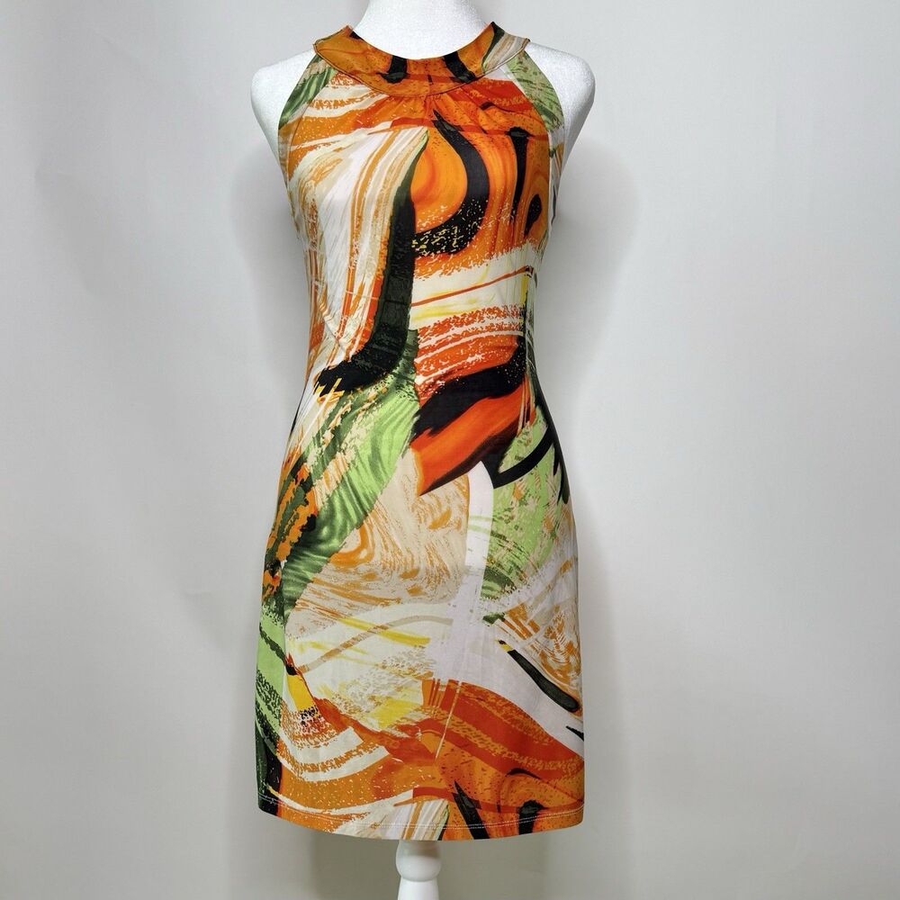 American Twist Los Angeles Halter Sheath Dress Womens Sz S Orange Green Abstract